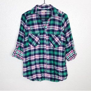 Skies Are Blue Charlene Adorable Plaid Button-Up, optional 3/4 length sleeves